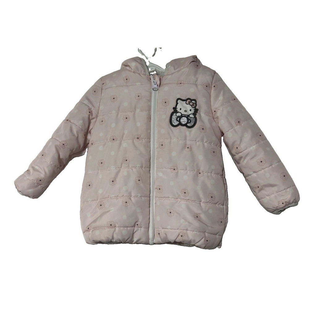Hello Kitty Toddlers Pink Puffer Jacket Size 3T With Hood Ears‎ Bow Zipper